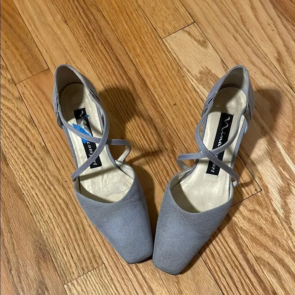 Nina comfort Gray blue T-Strap Heels with Square Toe 7m